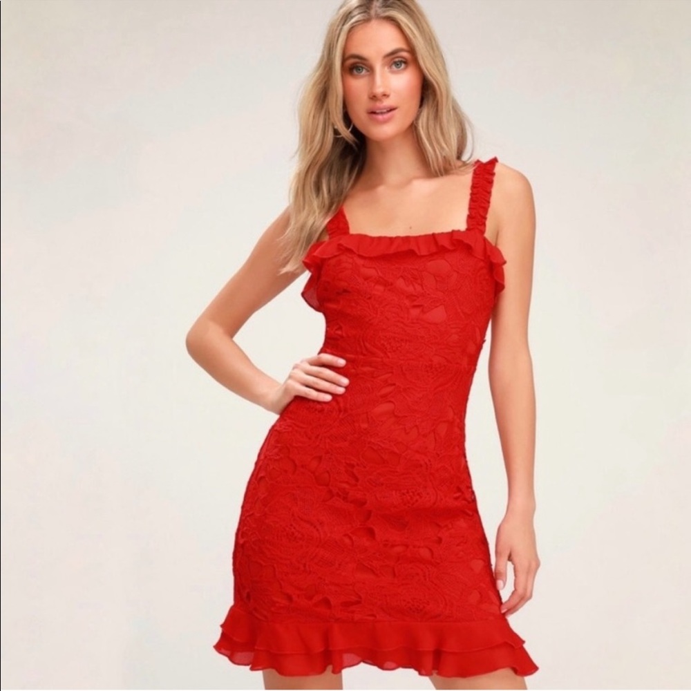 NWT Lulus Deep in Love Red Ruffled Lace Dress M